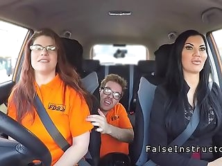Busty babes 3some in driving college car